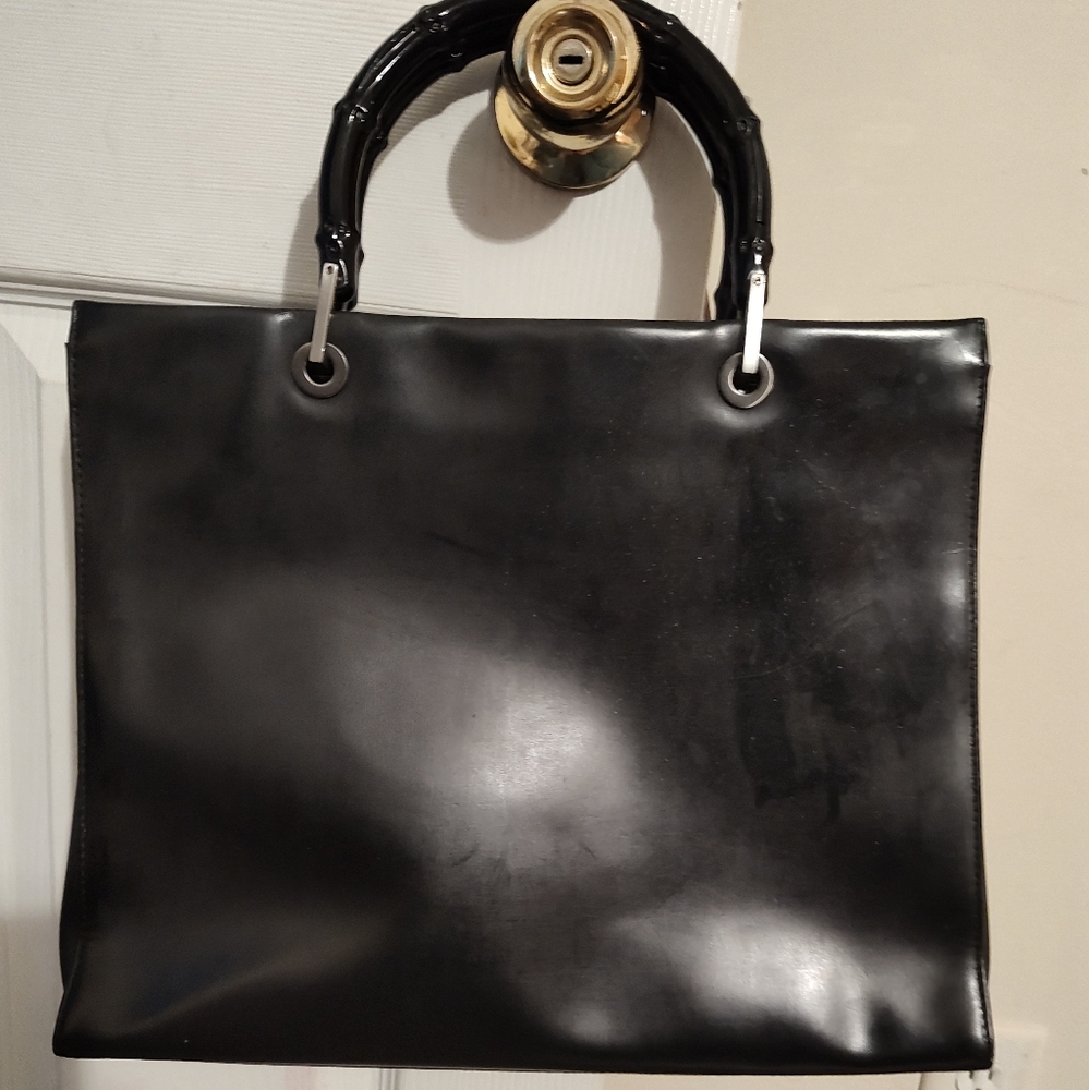 Black Gucci Leather Tote Bag with Bamboo Handles
